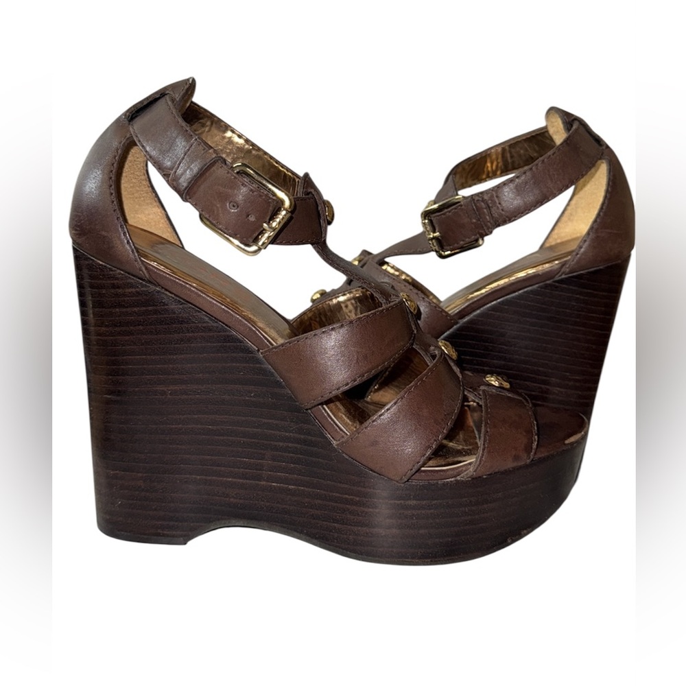 MICHAEL KORS VICTORIA WOMENS WEDGES PLATFORM SANDALS LEATHER BROWN COLOR